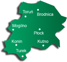 Grudziąc, Mława, Toruń, Włocławek, Płońsk, Płock, Kutno, Koło, Konin, Turek, Nowy Dwór Mazowiecki, Ostróda, Iława