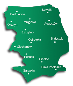 Bartoszyce, Suwałki, Olsztyn, Mrągowo, Augustów, Szczytno, Łomża, Białystok, Przasnysz, Ciechanów, Bielsk Podlaski, Otwock, Ostrów Mazowiecka, Siedlce, Biała Podlaska, Garwolin